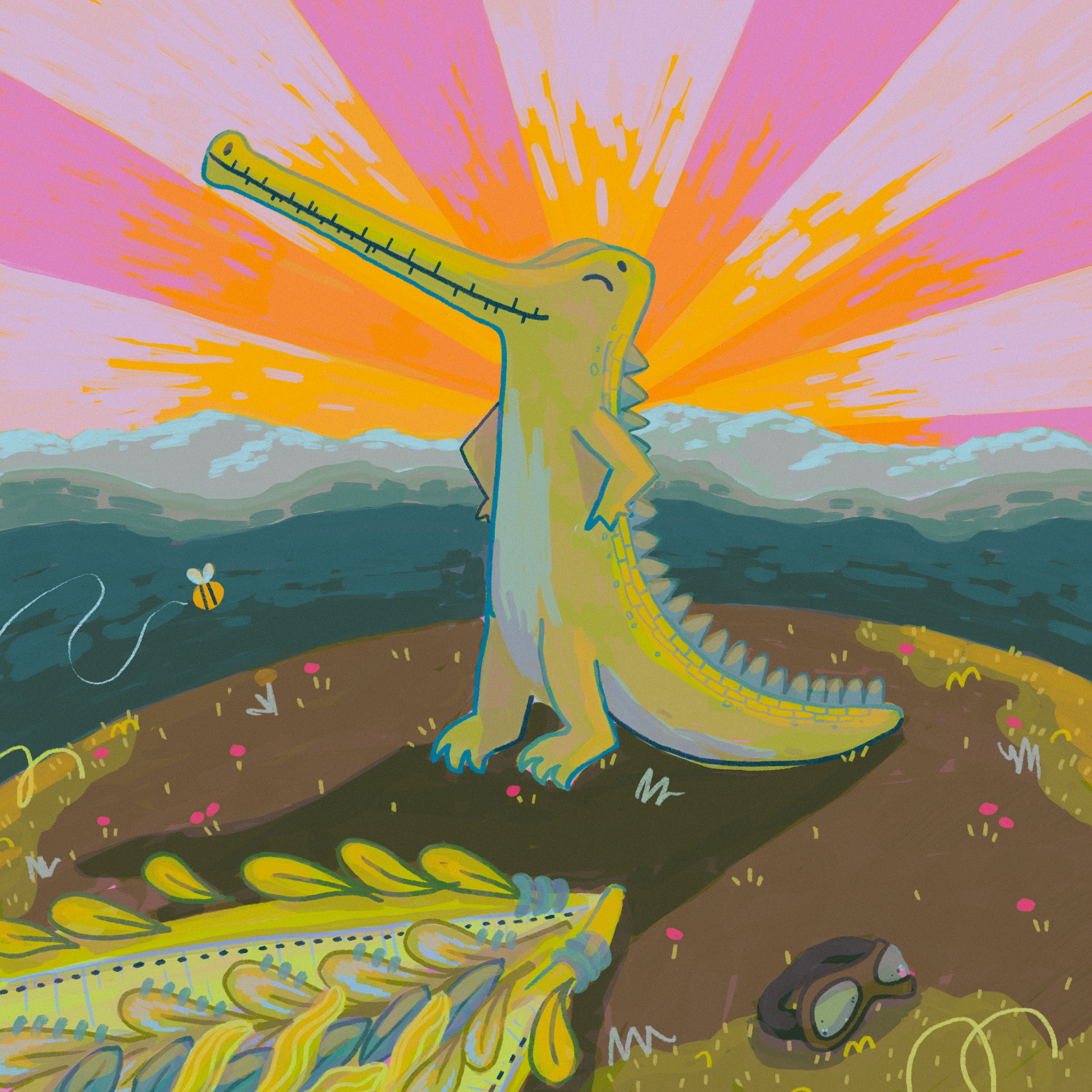 Gary the Gharial standing proudly under a bright sunrise